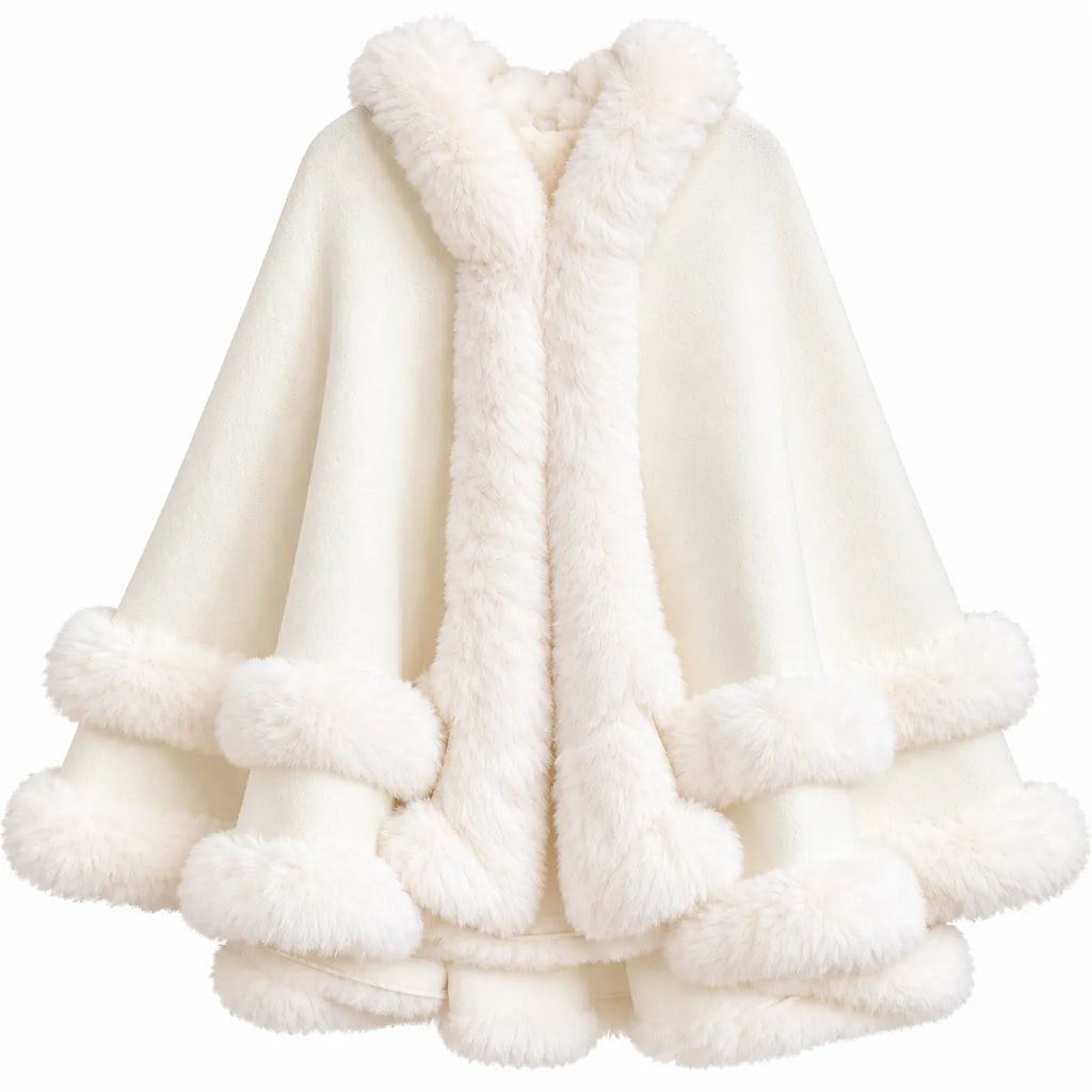 Fur Trim Hooded Cape Poncho