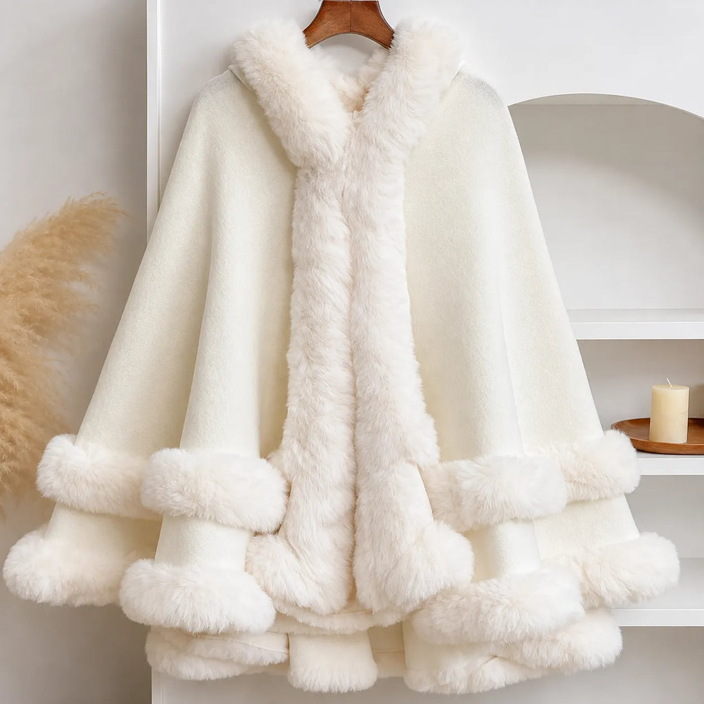 Fur Trim Hooded Cape Poncho