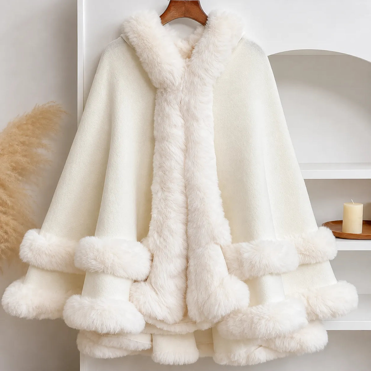 Fur Trim Hooded Cape Poncho