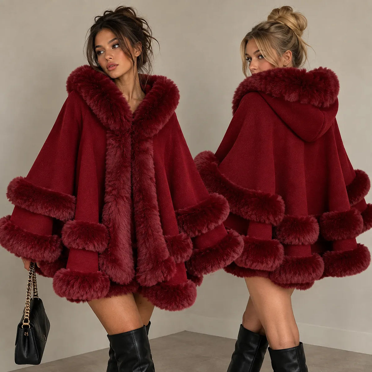 Fur Trim Hooded Cape Poncho