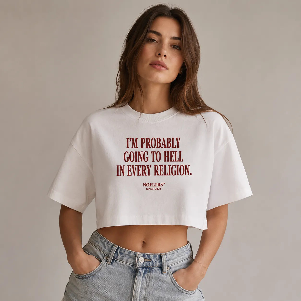 I'M PROBABLY GOING TO HELL IN EVERY RELIGION CROP TEE