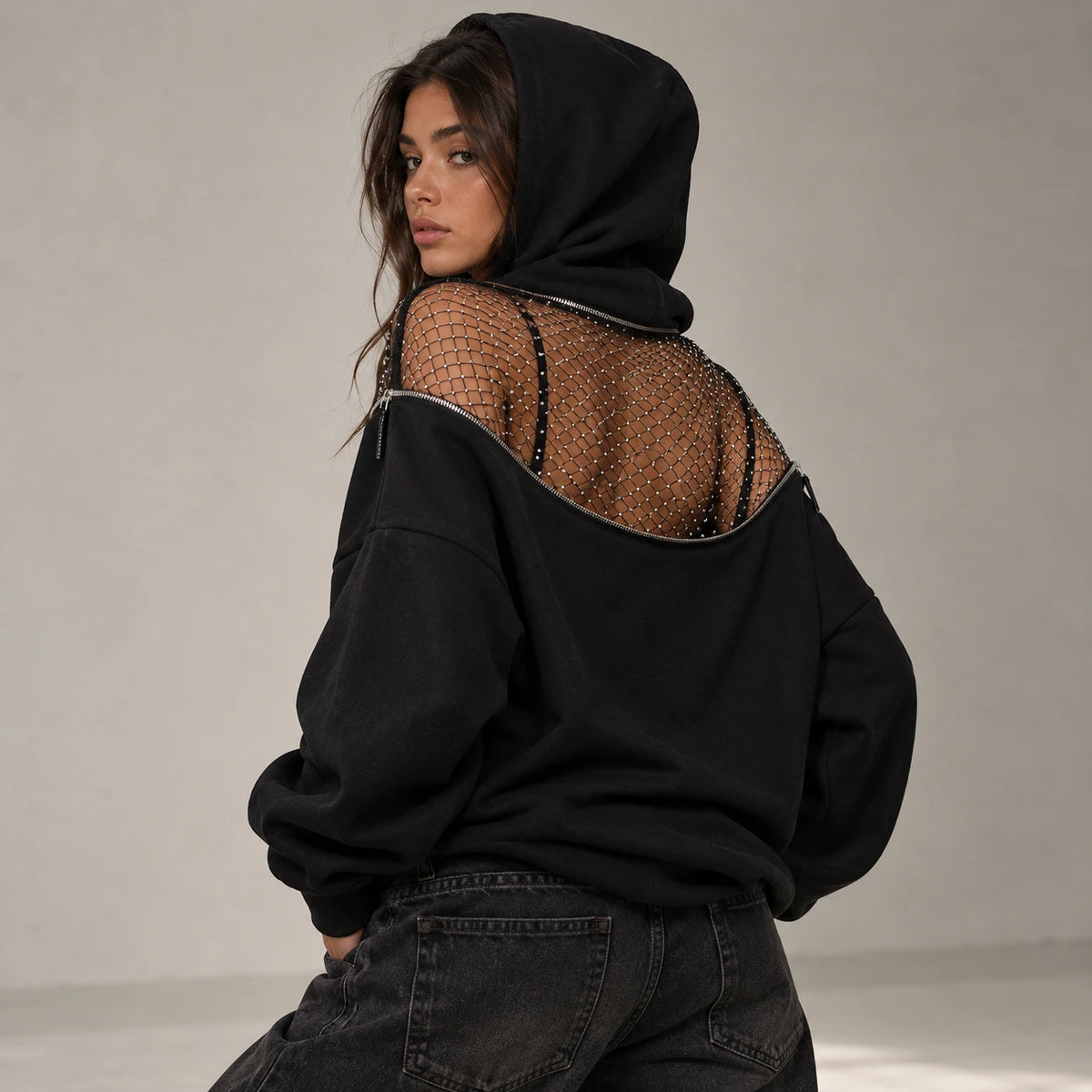 Backless Hoodie – Mesh Open Back Streetwear Top for Women