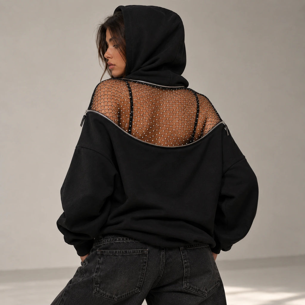 Backless Hoodie – Mesh Open Back Streetwear Top for Women