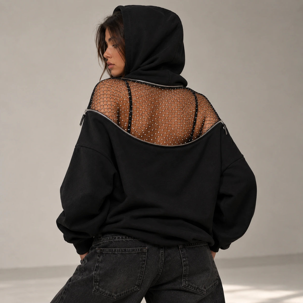 Backless Hoodie – Mesh Open Back Streetwear Top for Women