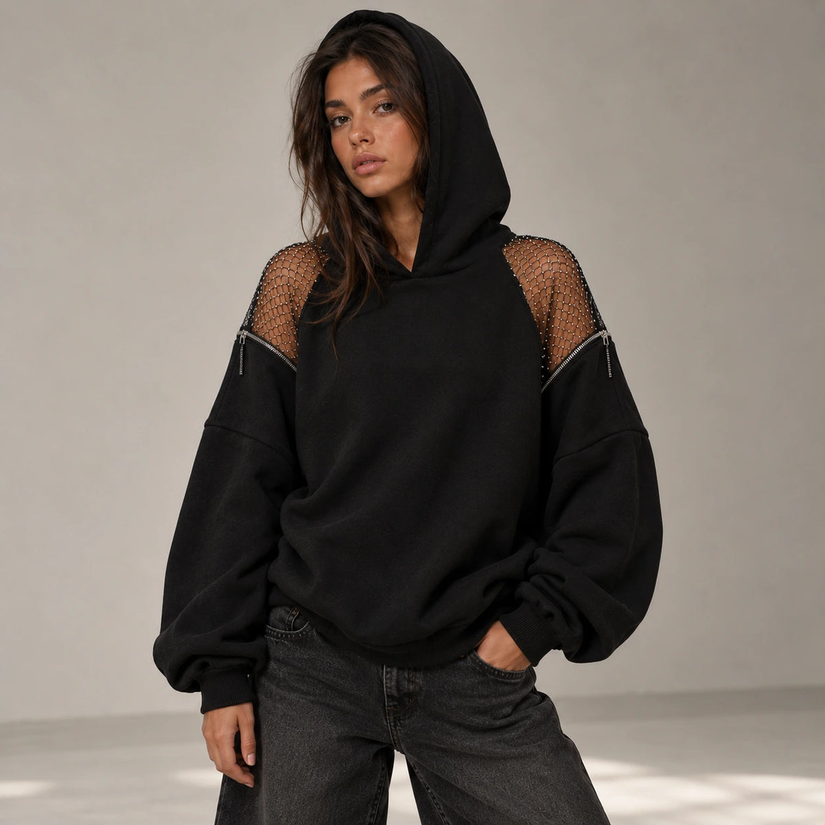 Backless Hoodie – Mesh Open Back Streetwear Top for Women