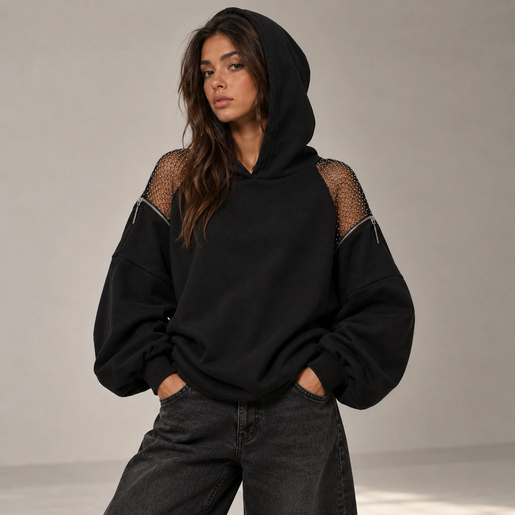 Backless Hoodie – Mesh Open Back Streetwear Top for Women