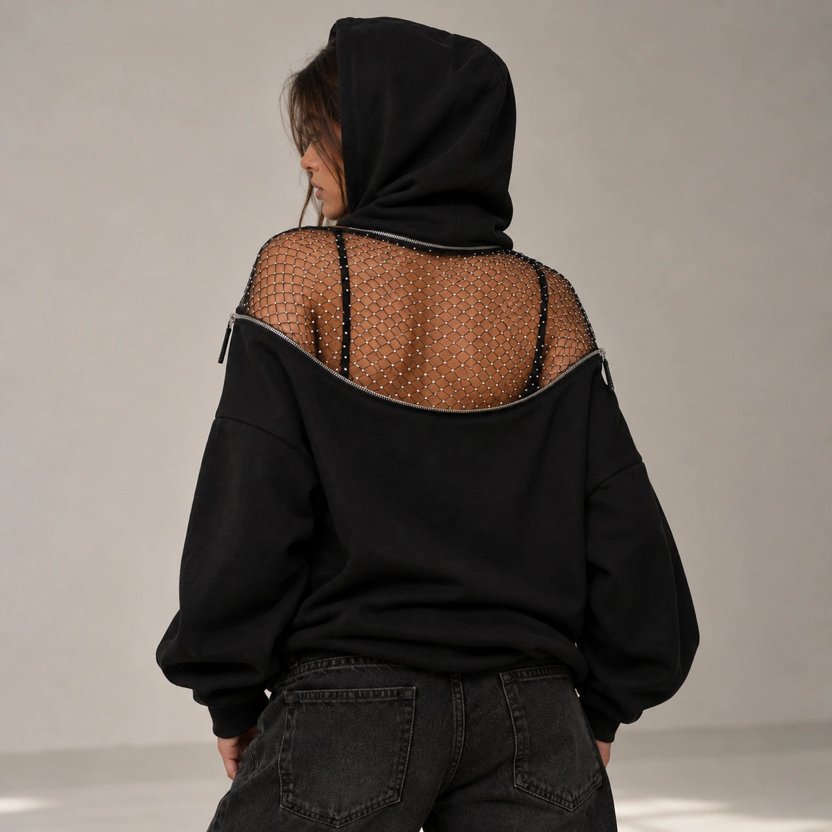 Backless Hoodie – Mesh Open Back Streetwear Top for Women