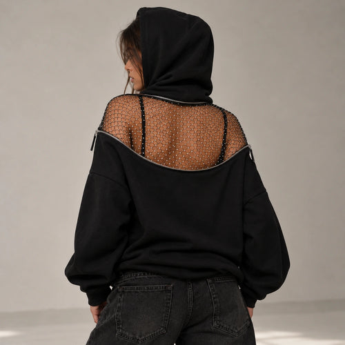 Backless Hoodie – Mesh Open Back Streetwear Top for Women