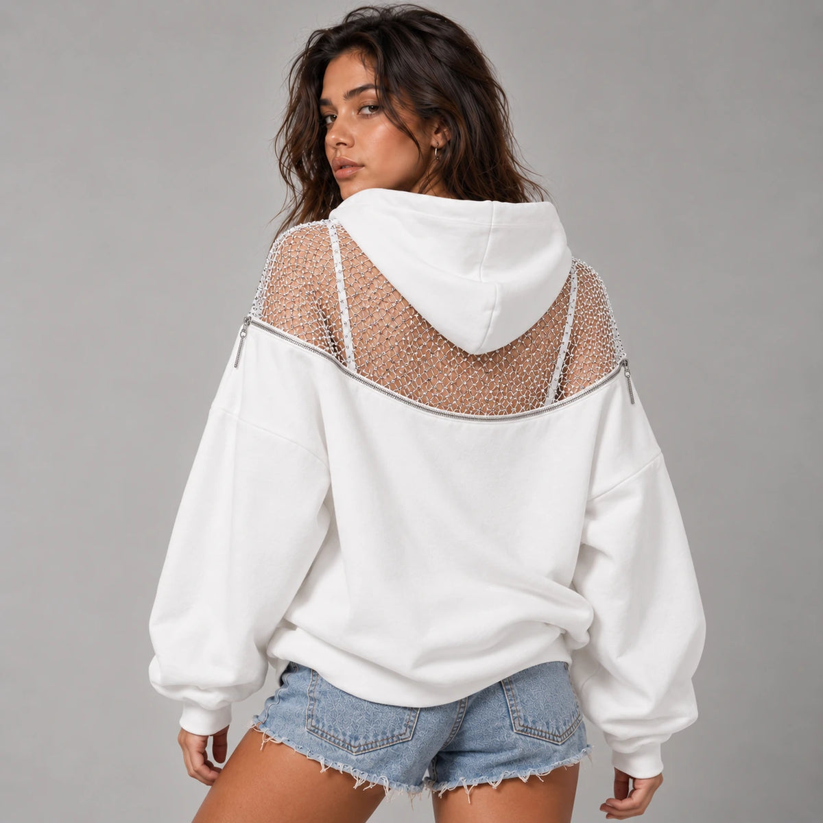 Backless Hoodie – Mesh Open Back Streetwear Top for Women