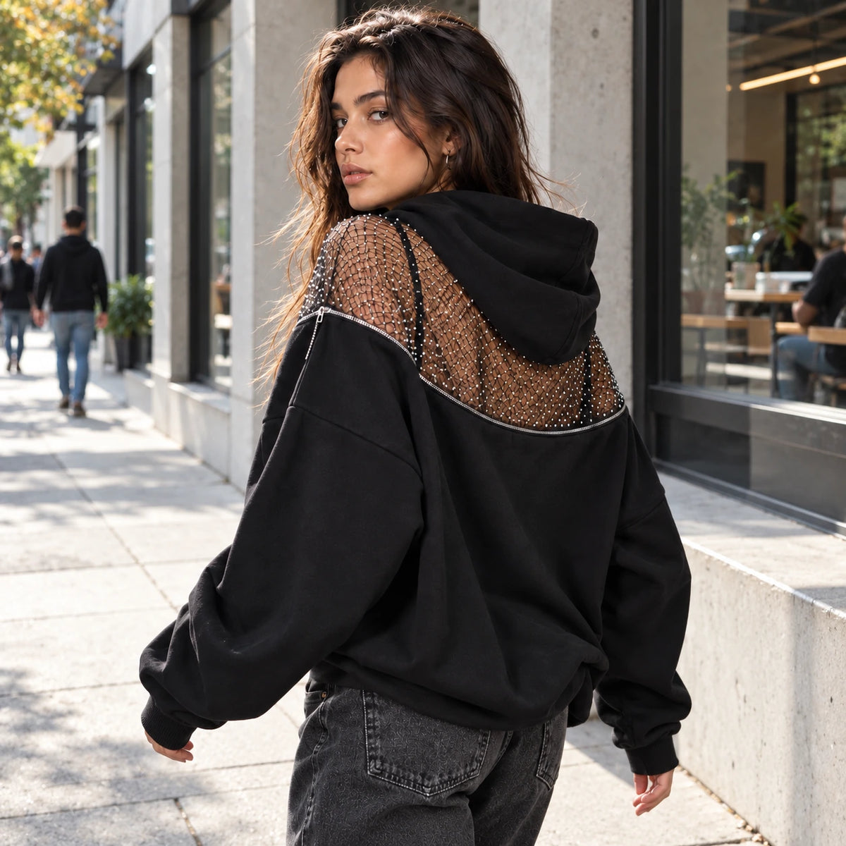 Backless Hoodie – Mesh Open Back Streetwear Top for Women