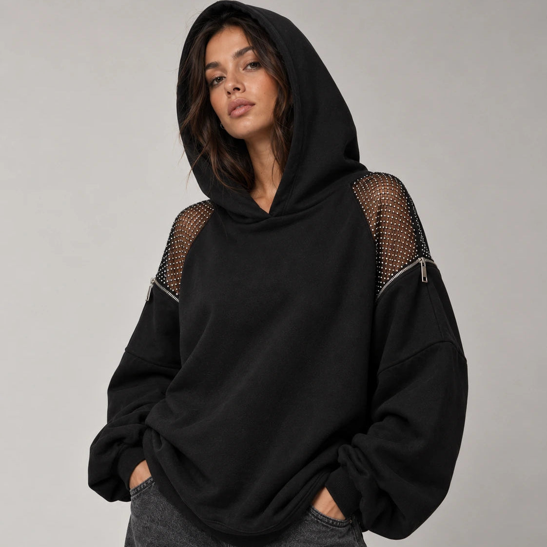 Backless Hoodie – Mesh Open Back Streetwear Top for Women