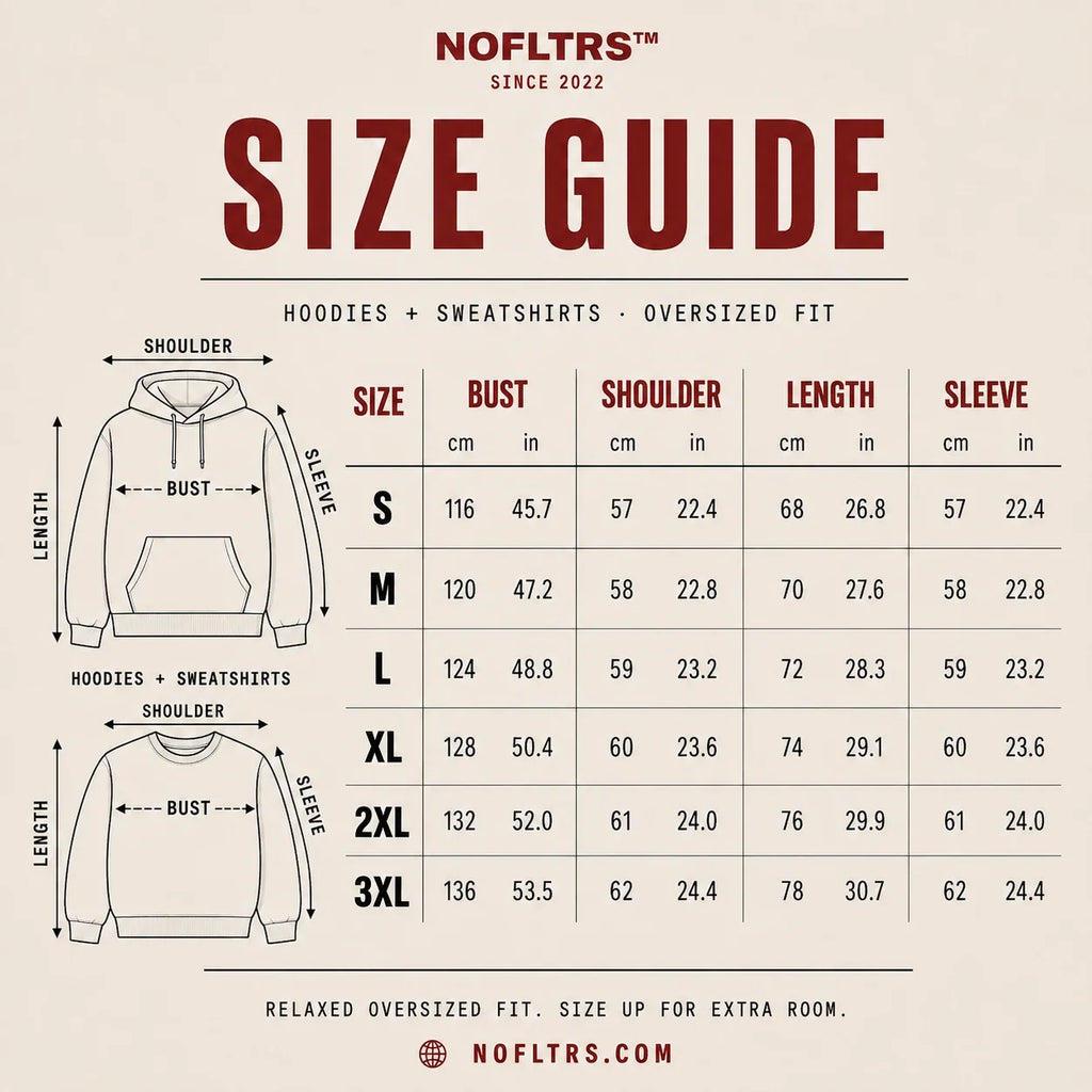 NOFLTRS Hoodies & Sweatshirts Size Chart