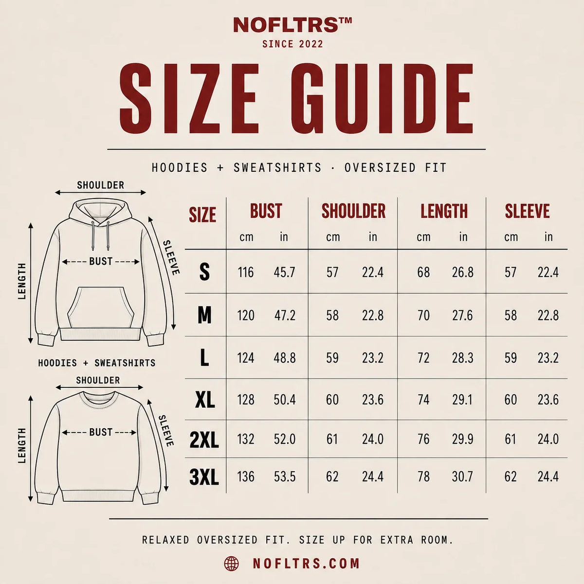 NOFLTRS Hoodies & Sweatshirts Size Chart