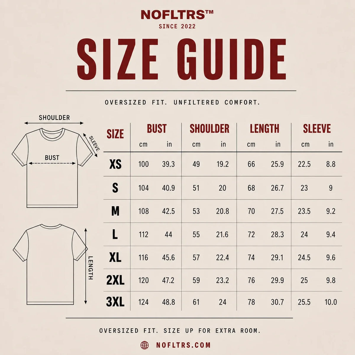 NOFLTRS Oversized Shirt Size Chart