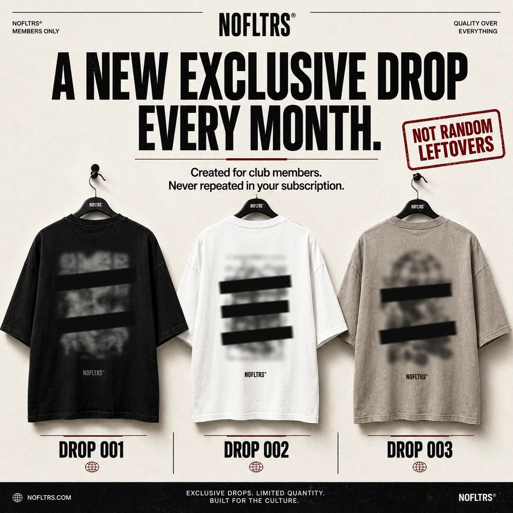 Promotional graphic for NOFLITRS showing three oversized graphic T-shirts hanging on hangers against a light beige background. The shirts are black, white, and heather gray, each with a large horizontal striped abstract print and a small NOFLITRS logo near the hem.