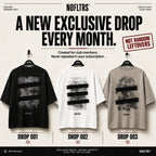 Promotional graphic for NOFLITRS showing three oversized graphic T-shirts hanging on hangers against a light beige background. The shirts are black, white, and heather gray, each with a large horizontal striped abstract print and a small NOFLITRS logo near the hem.