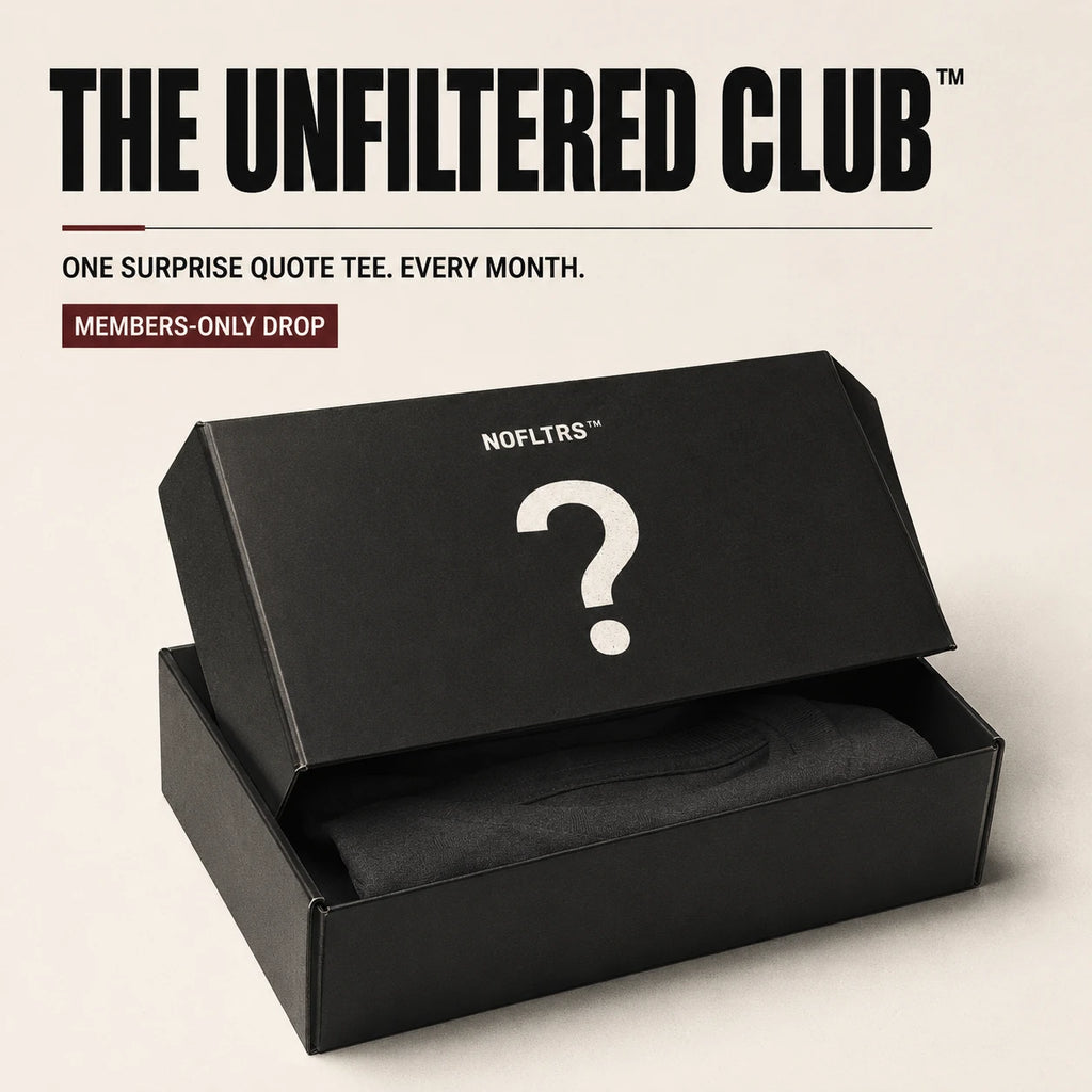 A black mystery box with its lid open, showing a folded dark garment inside. Large text at the top reads 'THE UNFILTERED CLUB' with smaller copy below and a badge that says 'MEMBERS-ONLY DROP.
