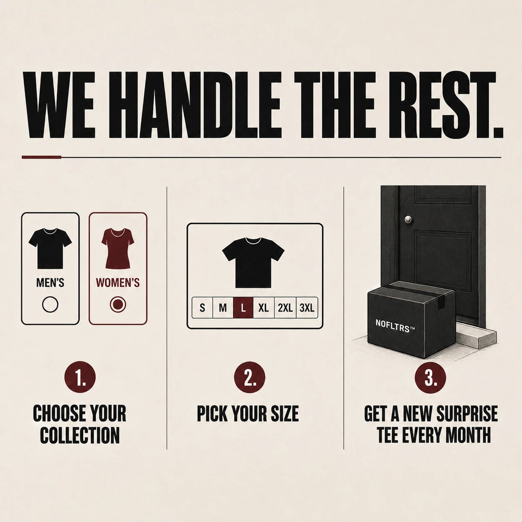Promotional graphic for a mystery tee subscription with the headline 'WE HANDLE THE REST.' on a beige background.