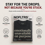 A packaged black T-shirt with large cream text reading 'emotionally unavailable on purpose' centered on a light beige background. The image includes marketing text above and icons around the package highlighting features like free shipping, skip when needed, change your size, and cancel anytime.