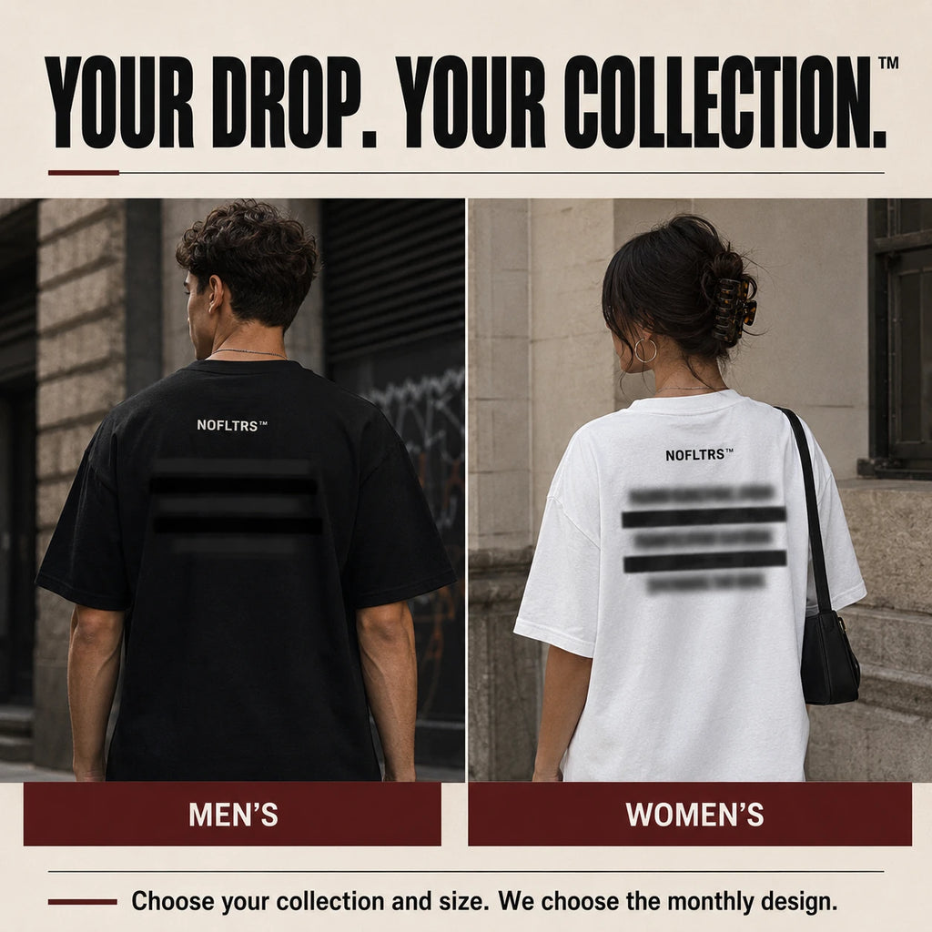 Promotional graphic showing two models from the back wearing oversized T-shirts with the brand name 'NOFLTTS' printed on the upper back. The left model wears a black shirt and is labeled 'MEN'S', while the right model wears a white shirt and is labeled 'WOMEN'S'.