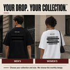 Promotional graphic showing two models from the back wearing oversized T-shirts with the brand name 'NOFLTTS' printed on the upper back. The left model wears a black shirt and is labeled 'MEN'S', while the right model wears a white shirt and is labeled 'WOMEN'S'.
