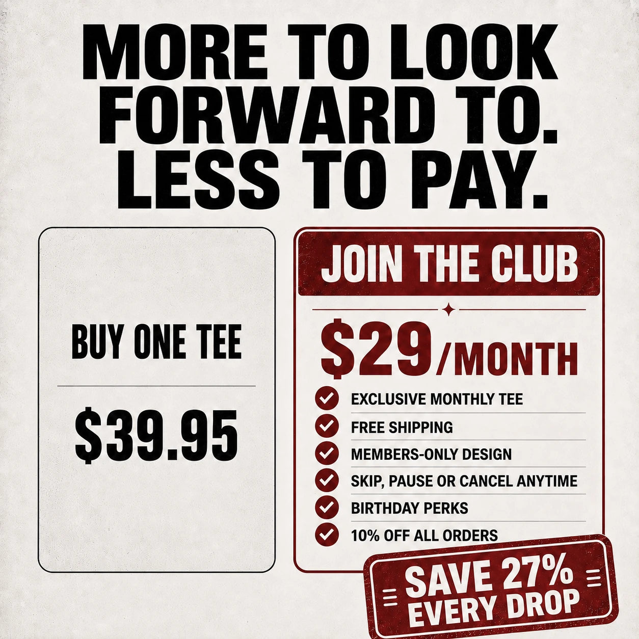 Promotional graphic for a monthly tee subscription with the headline 'MORE TO LOOK FORWARD TO. LESS TO PAY.